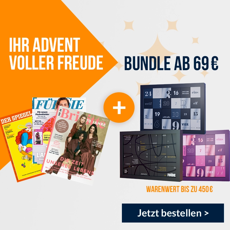 Quadratische Werbung für ein Advents-Bundle mit Zeitschriften und Adventskalendern. Links befindet sich der Text 'Ihr Advent voller Freude' in großer, weißer Schrift auf einem orangefarbenen Hintergrund, gefolgt von 'Bundle ab 69 €'